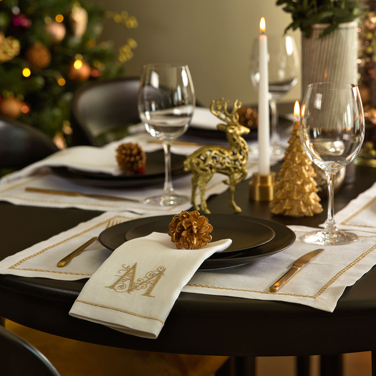 monogram white linen napkin detail
